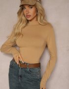 glo-story Bluză Bej închisă Din bumbac Tip Longsleeve cu guler semi-înalt Riata