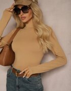 glo-story Bluză Bej închisă Din bumbac Tip Longsleeve cu guler semi-înalt Riata