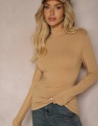 glo-story Bluză Bej închisă Din bumbac Tip Longsleeve cu guler semi-înalt Riata