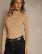 glo-story Bluză Bej Longsleeve Semi-golf din Bumbac Decorată cu Imprimeu Geometric Zantila