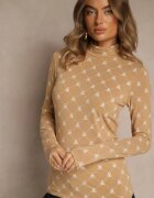 glo-story Bluză Bej Longsleeve Semi-golf din Bumbac Decorată cu Imprimeu Geometric Zantila