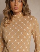 glo-story Bluză Bej Longsleeve Semi-golf din Bumbac Decorată cu Imprimeu Geometric Zantila