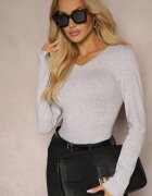 glo-story Bluză Gri deschis din bumbac tip longsleeve cu decolteu în V Miavelle
