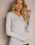 glo-story Bluză Gri deschis din bumbac tip longsleeve cu decolteu în V Miavelle