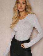glo-story Bluză Gri deschis din bumbac tip longsleeve cu decolteu în V Miavelle