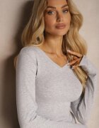 glo-story Bluză Gri deschis din bumbac tip longsleeve cu decolteu în V Miavelle