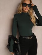 glo-story Bluză Longsleeve de bumbac verde cu guler înalt Riata