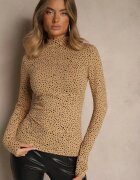 glo-story Bluză Maro Bumbac cu Guler Înalt Tip Longsleeve cu Buline Neatte
