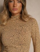 glo-story Bluză Maro Bumbac cu Guler Înalt Tip Longsleeve cu Buline Neatte