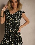 glo-story Bluză Neagră cu Decolteu în V cu Imprimeu Floral Julissti
