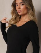 glo-story Bluză Neagră Din Bumbac Cu Mânecă Lungă Cu Decolteu în V Miavelle
