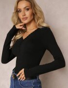 glo-story Bluză Neagră din Bumbac Elastic Decorată cu Nasturi și Dantelă Senura