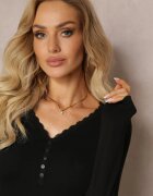 glo-story Bluză Neagră din Bumbac Elastic Decorată cu Nasturi și Dantelă Senura