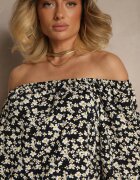 glo-story Bluză Neagră Spaniolă cu Model Floral Julivian