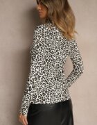 glo-story Bluză Negru și Alb de bumbac cu mânecă lungă cu guler înalt cu imprimeu leopard Falarine