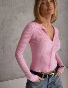 glo-story Bluză slim fit cu nasturi din tricot rib cu guler și decolteu în V Awente Roz