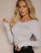 glo-story Bluză tip longsleeve gri deschis din bumbac cu decolteu rotund Eziola