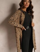 glo-story Cardigan Bej-Negru fără închidere cu buzunare cu imprimeu leopard Riaverna