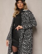 glo-story Cardigan Deschis Negru-Alb cu Buzunare cu Imprimeu Leopard Riaverna
