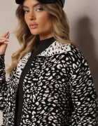 glo-story Cardigan Deschis Negru-Alb cu Buzunare cu Imprimeu Leopard Riaverna
