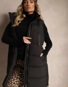 glo-story Długa Kamizelka Neagră cu Matlasare Decorativă și Glugă Detașabilă Neriora