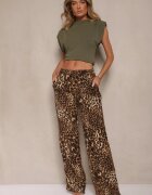 glo-story Pantaloni Bej cu imprimeu leopard cu picioare largi Talie înaltă cu închidere laterală cu fermoar Frisalie