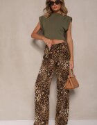 glo-story Pantaloni Bej cu imprimeu leopard cu picioare largi Talie înaltă cu închidere laterală cu fermoar Frisalie