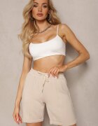 glo-story Pantaloni scurți Bej Casual High Waist cu Buzunare Finisați cu Elastic Shezetta