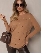 glo-story Pulover Elegant Bej închis cu Decorațiuni Brodate Delicate în față Reriala