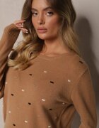 glo-story Pulover Elegant Bej închis cu Decorațiuni Brodate Delicate în față Reriala