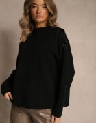 glo-story Pulover Negru cu Butoane Metalice pe Umăr Ederlia