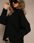 glo-story Pulover Negru cu Butoane Metalice pe Umăr Ederlia