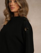 glo-story Pulover Negru cu Butoane Metalice pe Umăr Ederlia
