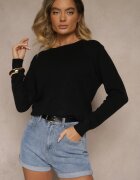 glo-story Pulover Negru cu Croi Clasic cu nasturi decorativi pe laterale Melornia