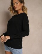 glo-story Pulover Negru cu Croi Clasic cu nasturi decorativi pe laterale Melornia