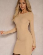 glo-story Rochie Bej Mulată Tip Pulover din Material Reiat Irivias
