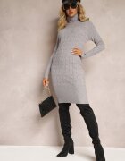glo-story Rochie Gri Midi din tricotaj cu guler semi-înalt și borduri elastice Antonime