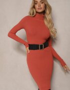 glo-story Rochie Portocalie Striată cu Croială Ajustată cu Guler Înalt Linarielle