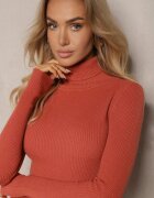 glo-story Rochie Portocalie Striată cu Croială Ajustată cu Guler Înalt Linarielle