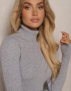 glo-story Rochie Rebrată cu croială ajustată cu guler înalt Gri Linarielle