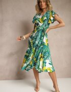 glo-story Rochie Verde cu croială evazată cu legătură cu motiv vegetal Janiraena