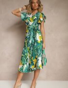 glo-story Rochie Verde cu croială evazată cu legătură cu motiv vegetal Janiraena