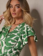 glo-story Rochie verde deschisă evazată cu legătură cu motiv floral Janiraena