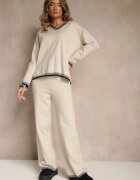 glo-story Set Tricotat Bej deschis Pulover și Pantaloni wide leg cu bandă decorativă Ralenia