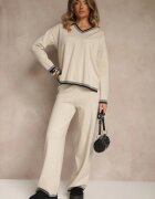 glo-story Set Tricotat Bej deschis Pulover și Pantaloni wide leg cu bandă decorativă Ralenia