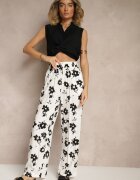 glo-story Spodnie Białe Largi High Waist cu model floral Elsedia