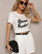 glo-story T-shirt Alb Casual din Bumbac Finisat cu Inscripție cu Zirconiu Lavisha