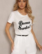 glo-story T-shirt Alb Casual din Bumbac Finisat cu Inscripție cu Zirconiu Lavisha