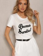 glo-story T-shirt Alb Casual din Bumbac Finisat cu Inscripție cu Zirconiu Lavisha
