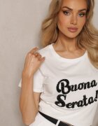 glo-story T-shirt Alb Casual din Bumbac Finisat cu Inscripție cu Zirconiu Lavisha